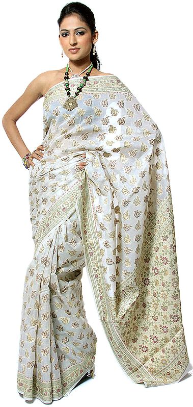 Ivory Banarasi Sari with All-Over Woven Paisleys