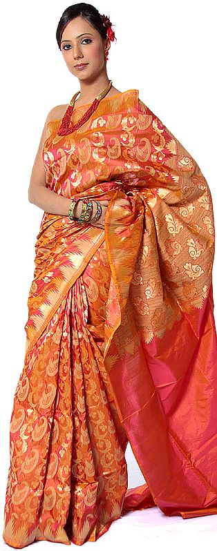 Coral Jamdani Sari from Banaras with Woven Paisleys in Golden Thread and Jute