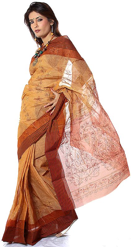 Brown Kantha Hand-Embroidered Sari from Bengal