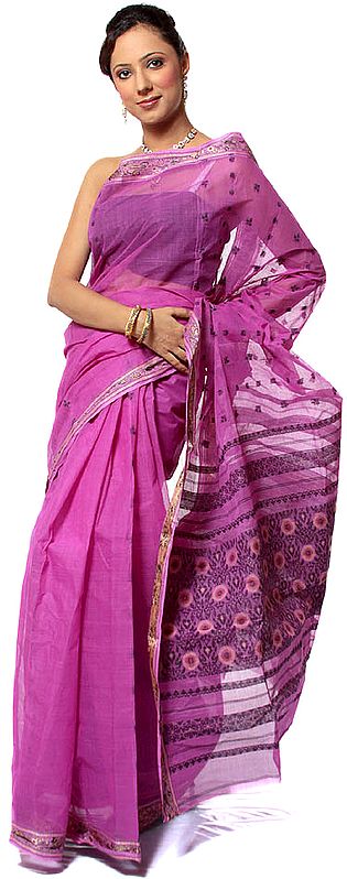 Purple Dhakai Sari from the East with Woven Bootis