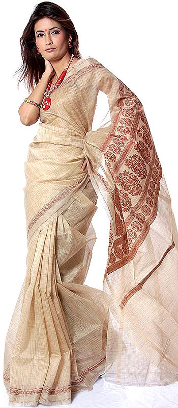 Beige Banarasi Sari with All-Over Weave