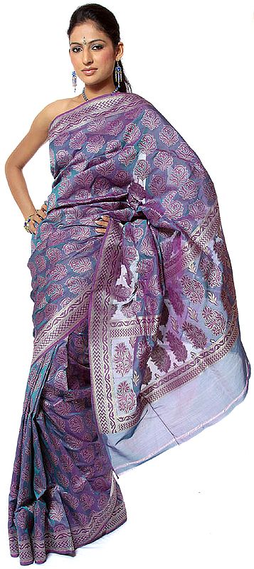 Blue Jamdani Sari from Banaras with Woven Bootis All-Over