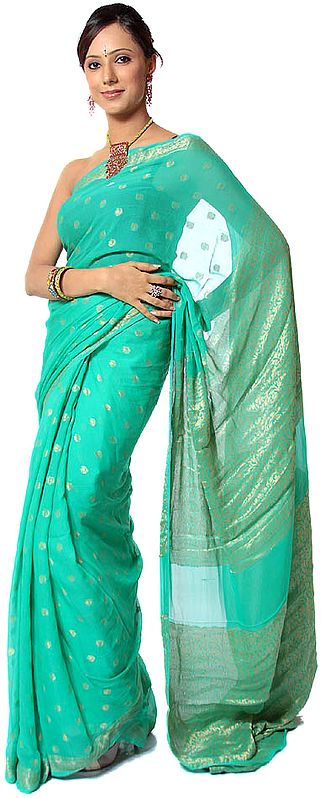 Mint-Green Banarasi Sari with Bootis Woven All-Over in Golden Thread