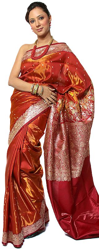 Amber and Maroon Dichroic Banarasi Sari with Golden Bootis and Brocaded Anchal
