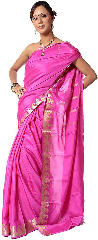 Pink Sari from Mysore with Woven Paisleys on Border