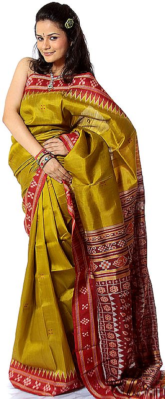 Olive-Green Ikat Sari Hand-Woven in Pochampally