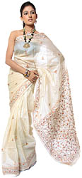 Ivory Hand-Embroidered Kantha Sari from Bengal
