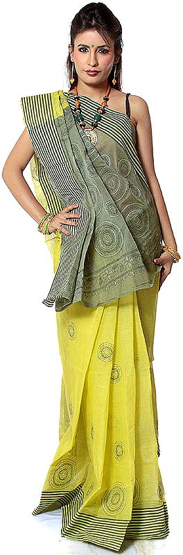 Lime-Green Kantha Hand-Embroidered Sari from Bengal