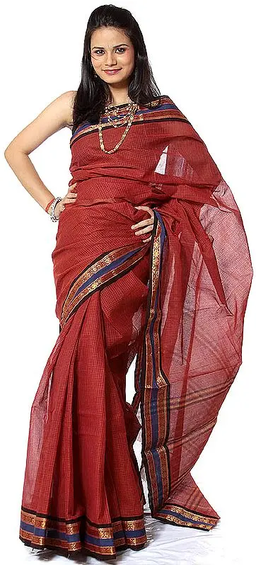 Auburn Narayanpet Sari with Woven Checks