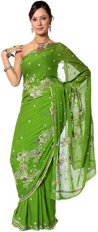 Green Designer Sari from Mysore with Deft Embroidery and Beadwork by Hand