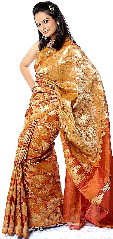 Spruce-Yellow Jamdani Sari from Banaras with Hand-woven Leaves
