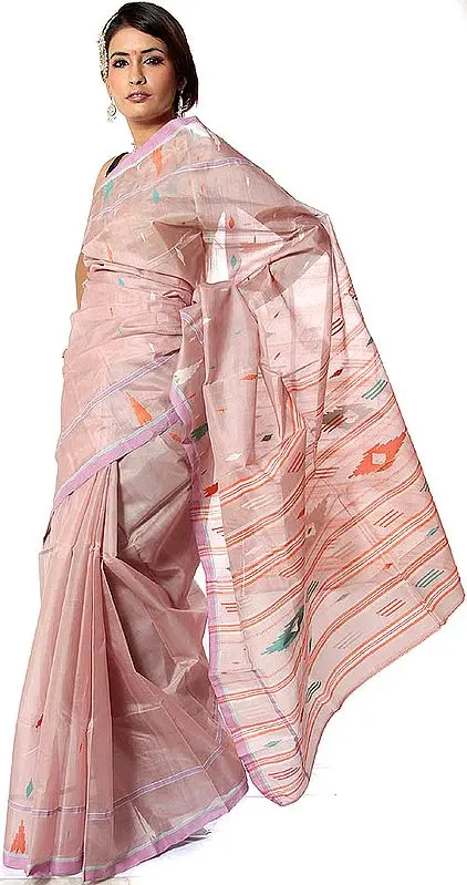 Peach Sari from Kolkata with Woven Bootis