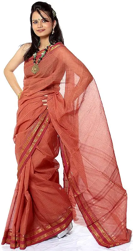 Auburn Narayanpet Sari with Woven Checks
