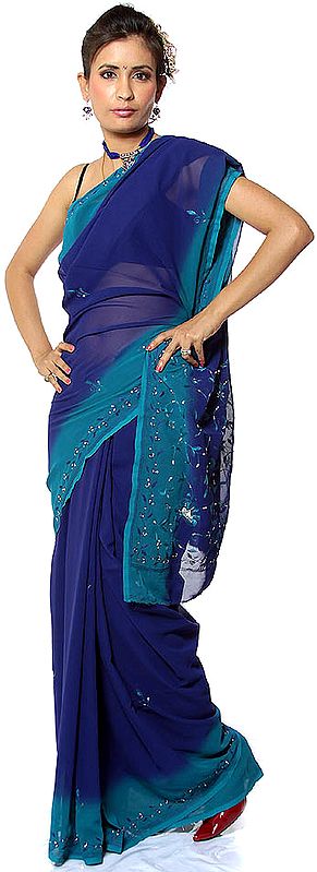 Navy-Blue Sari with Sequins and Threadwork