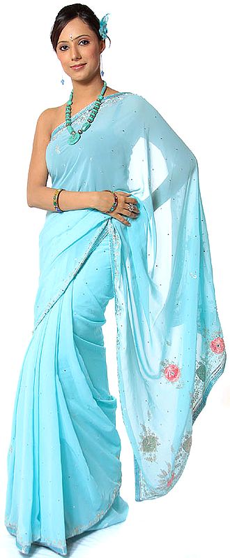 Sky-Blue Sari from Mysore with Gota Border and Floral Embroidery