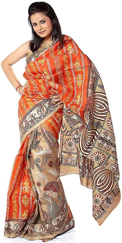Orange Sari from Kolkata with Folk Print