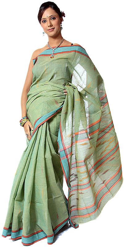 Green Bengali Hand-woven Sari with Bootis
