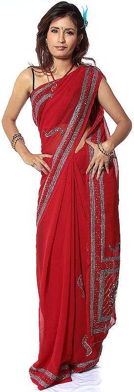 Maroon Sari with Sequins Embroidered as Flowers
