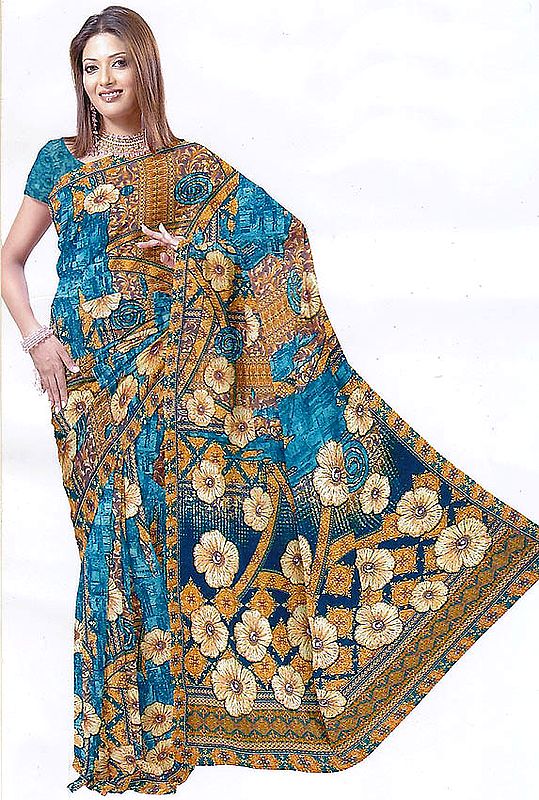 Teal and Mustard Sari with Printed Flowers