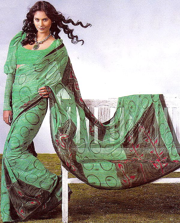 Green Printed Chiffon Sari