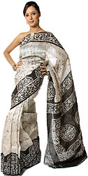 White and Black Batik Sari from Kolkata