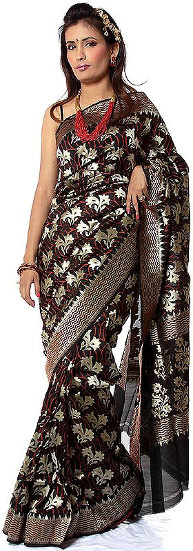 Black Banarasi Sari with Hand-woven Flowers All-Over
