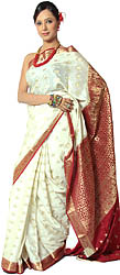 Ivory Kanjivaram Sari with Leaves Woven by Hand All-Over and Brocaded Anchal