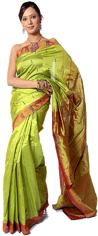 Plain Lime-Green Sari with Crystals and Woven Bootis