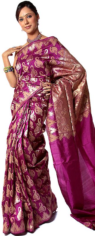 Purple Jamdani Sari from Banaras with Hand-Woven Paisleys in Golden and Jute Thread