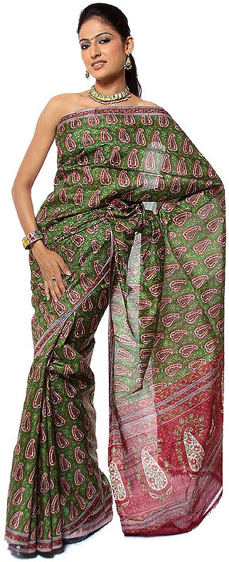 Green Sari from Kolkata with Printed Paisleys All-Over