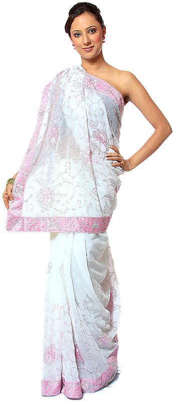 Ivory and Pink Sari with Embroidered Sequins