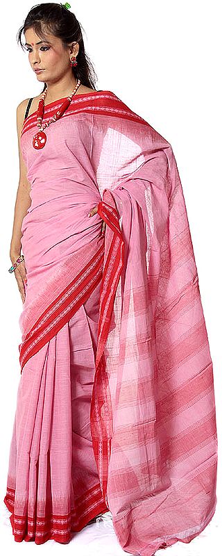 Plain Pink Bengali Puja Sari with Red Border