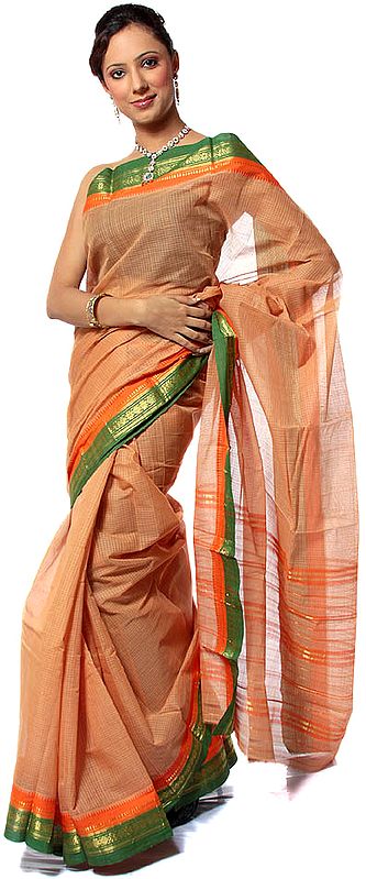 Light-Brown Narayanpet Sari with Woven Checks