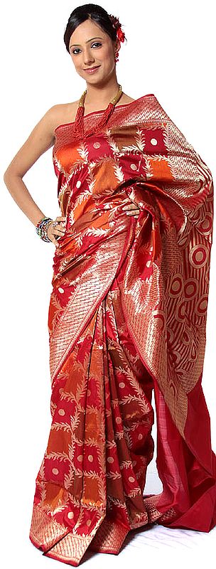 Burgundy and Orange Jamdani Sari from Banaras with Modern Weave