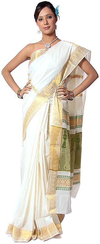 Ivory and Green Kasavu Cotton Sari from Kerala with Venugopal Krishna Woven on Anchal