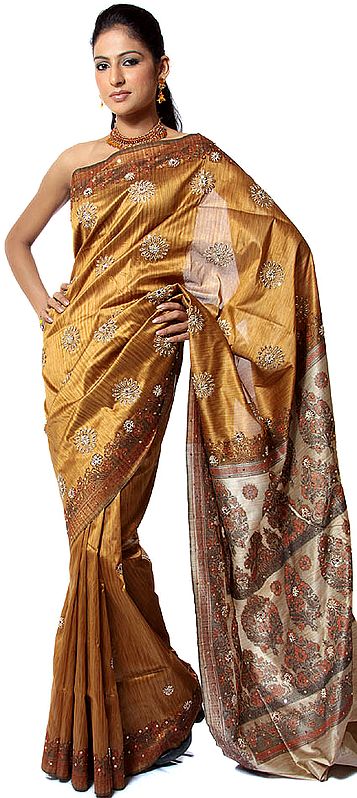Golden Banarasi Sari with Beadwork and Sequins