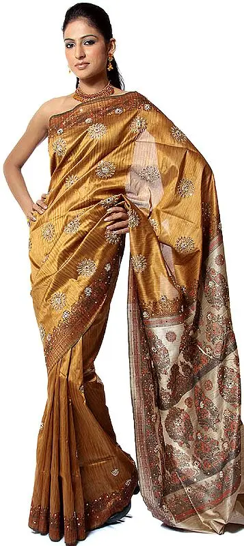 Golden Banarasi Sari with Beadwork and Sequins