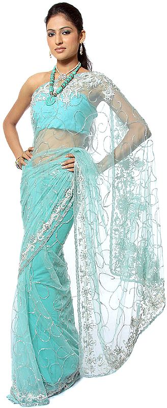 Aqua Sari with Sequins and Intricate Embroidery by Hand