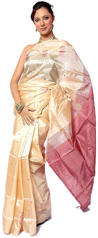 Plain Beige Kanjivaram Sari with Pink Bootis and Anchal
