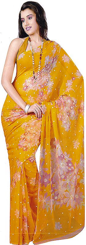 Apricot-Orange Sari with Floral Print and Bootis