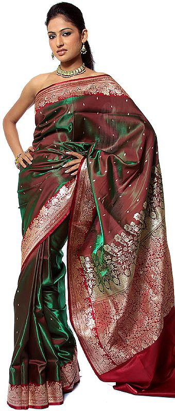 Green and Red Dichroic Banarasi Sari with Golden Bootis and Brocaded Anchal