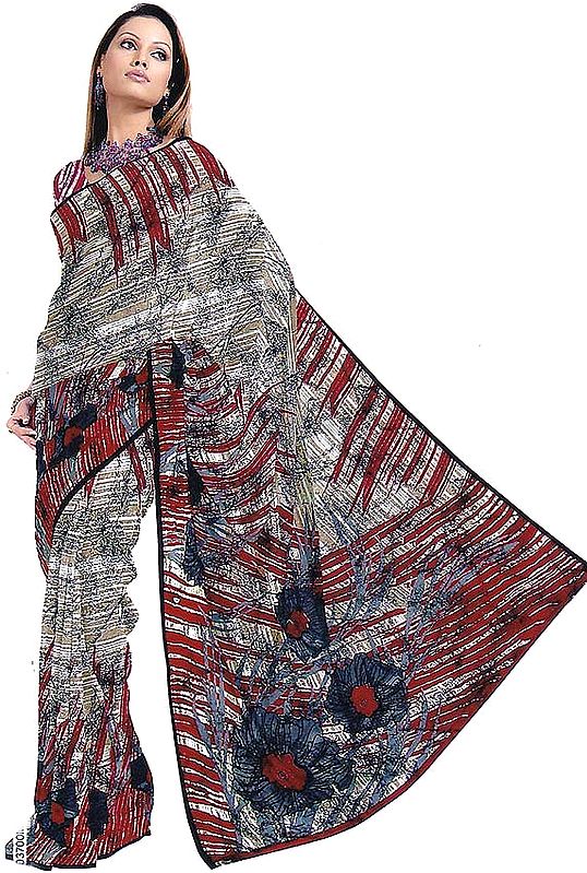 Gray Crepe Sari with Modern Print