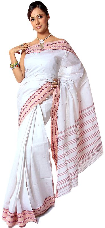 Plain White Bengali Puja Sari with Floral Border