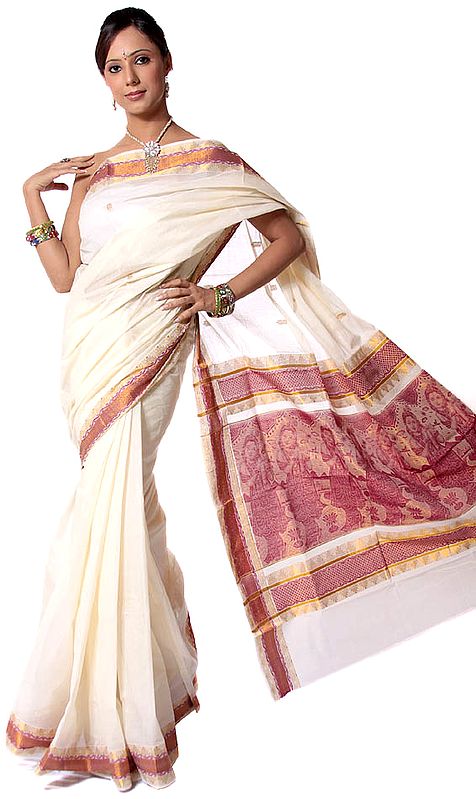 Ivory Kasavu Cotton Sari from Kerala with Lord Krishna Woven on Anchal