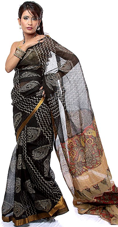 Black Kalamkari Sari from Andhra Pradesh with Painted Dancing Peacocks and Gayatri Mantra