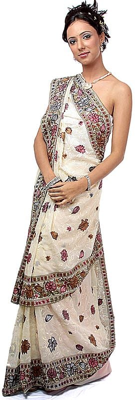 Cream Wedding Sari with Parsi Embroidered Flowers All-Over