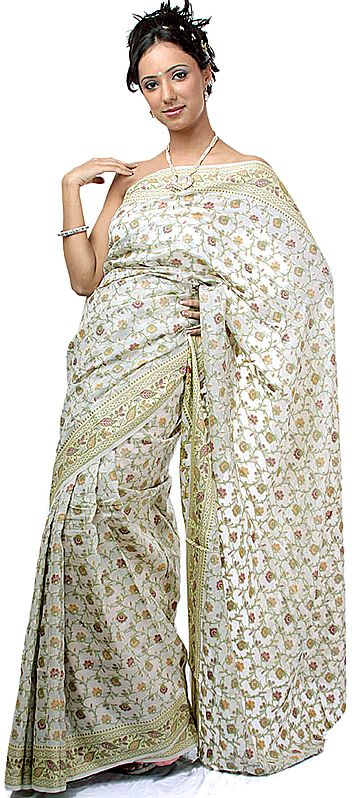 Ivory Banarasi Sari with All-Over Woven Flowers