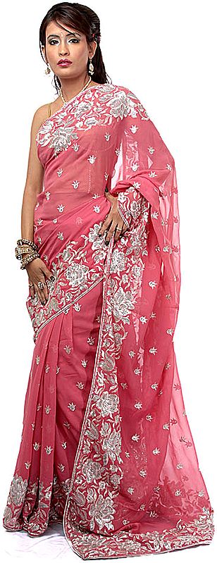 Rupture Rose Sari with Flowers Embroidered with Silver Thread and Sequins