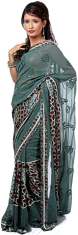 Jasper-Green and Brown Designer Sari with Flowers Embroidered and Embroidered Sequins