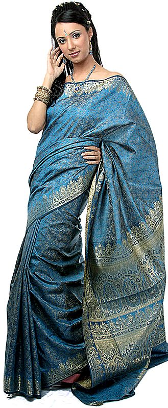 Peacock-Blue Tanchoi Sari from Banaras with All-Over Golden Thread Weave